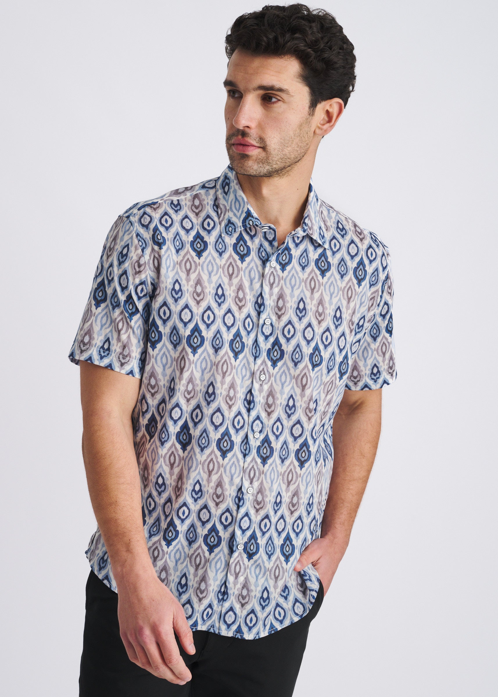 MARINA/CLOUD FLAME PRINTED LIGHTWEIGHT COTTON/TENCEL SHORT SLEEVE WOVEN SHIRT PM-47056