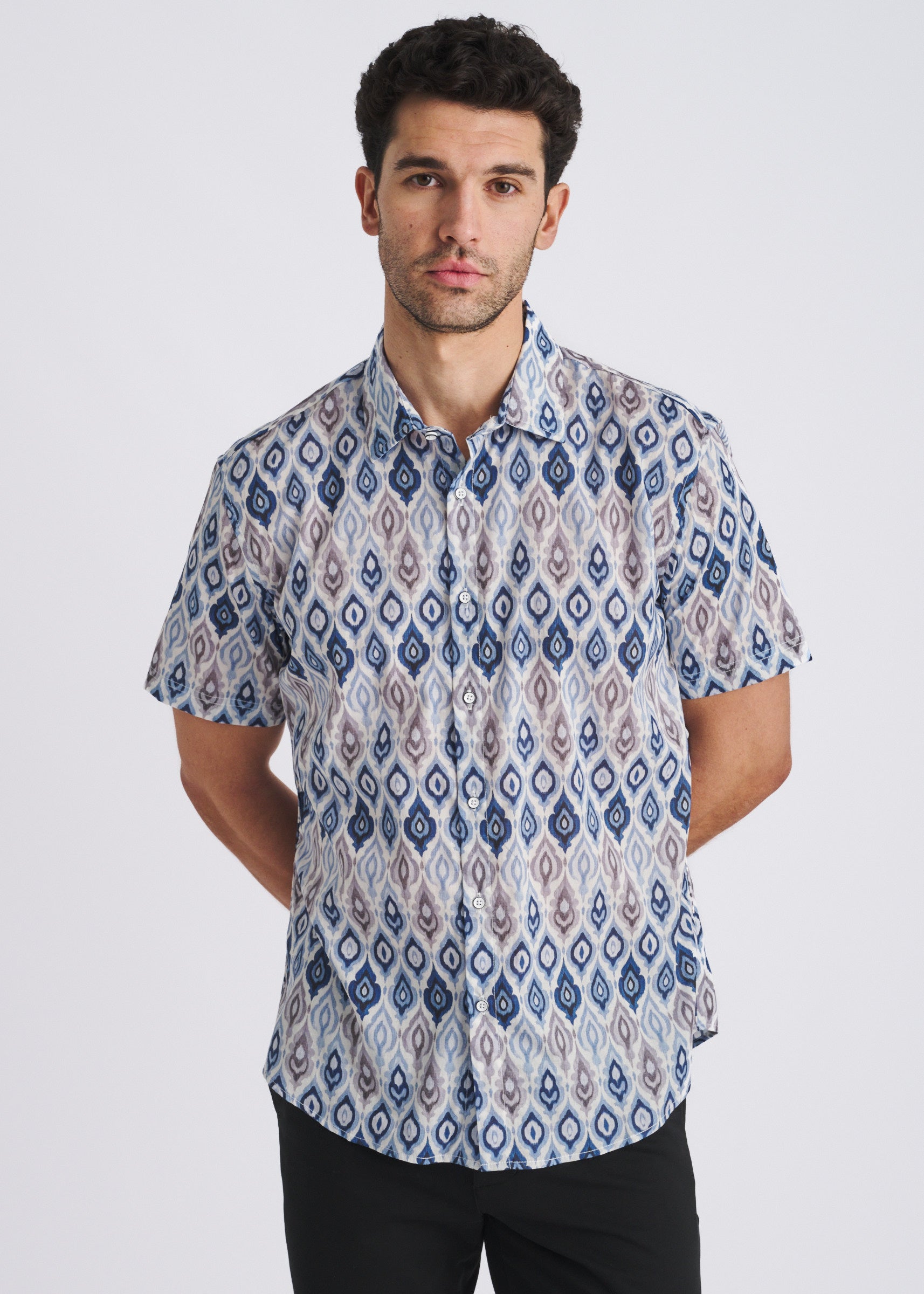MARINA/CLOUD FLAME PRINTED LIGHTWEIGHT COTTON/TENCEL SHORT SLEEVE WOVEN SHIRT PM-47056