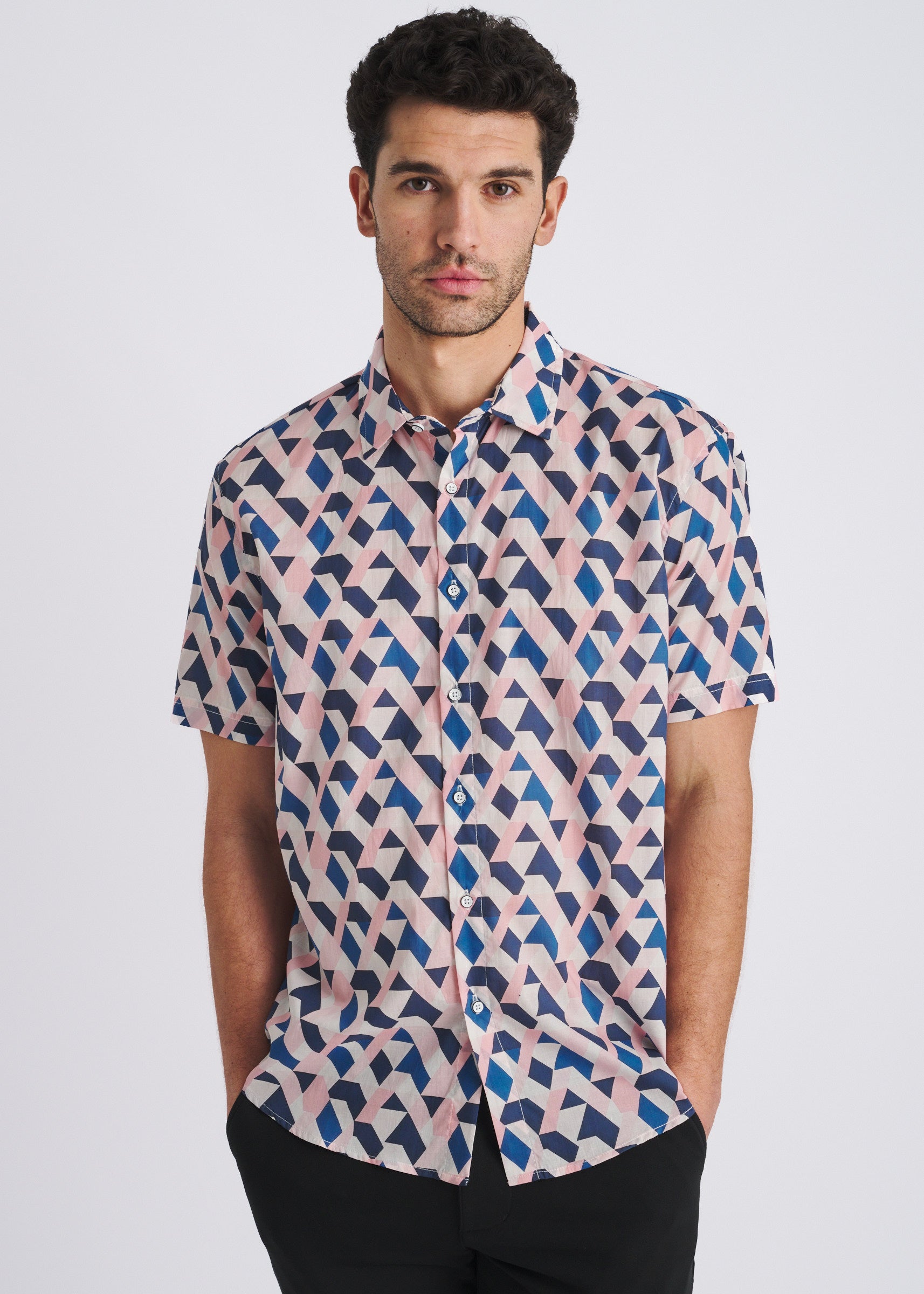 PEACH/NAVY ANGLES PRINTED LIGHTWEIGHT COTTON/TENCEL SHORT SLEEVE WOVEN SHIRT PM-47057