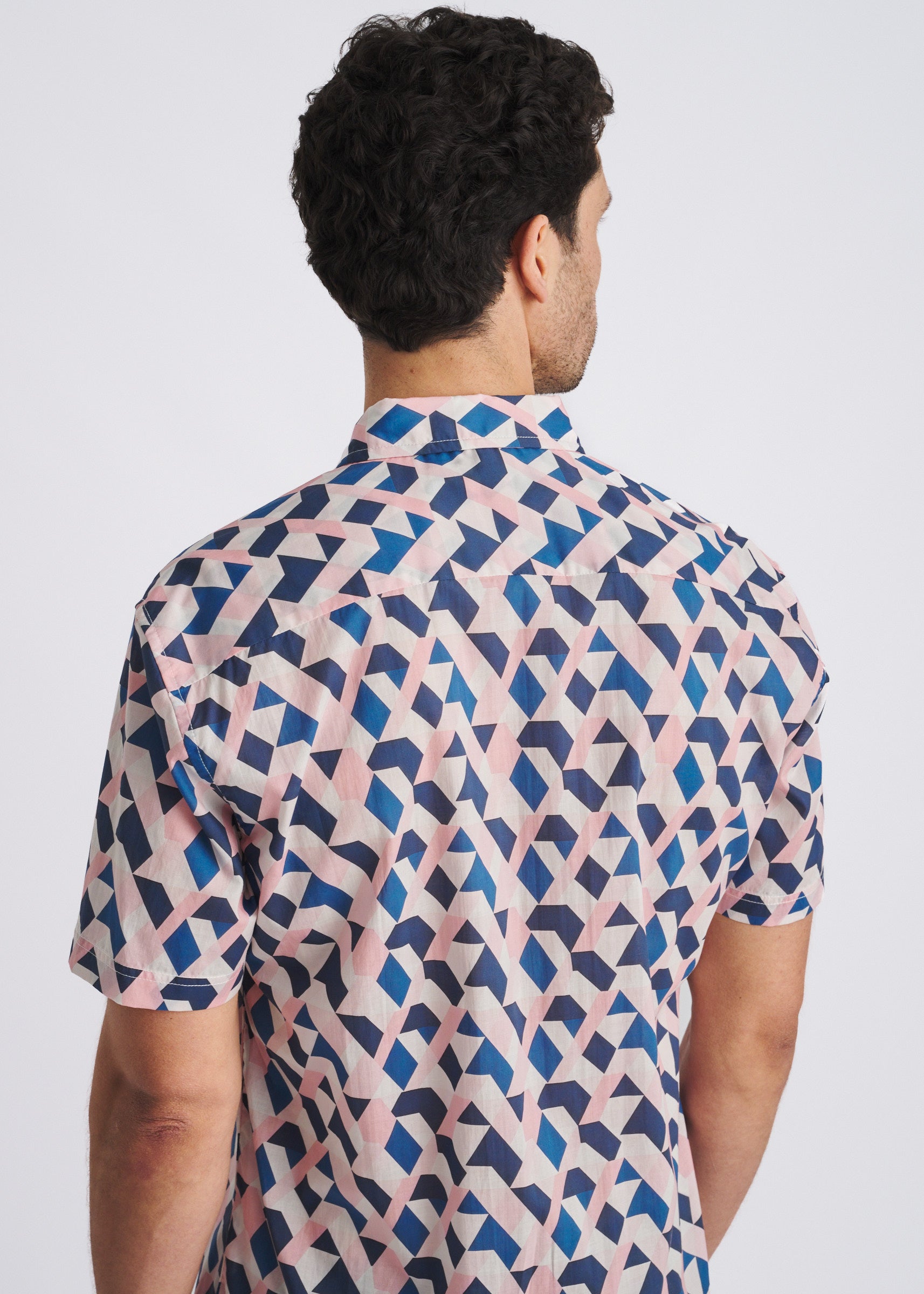 PEACH/NAVY ANGLES PRINTED LIGHTWEIGHT COTTON/TENCEL SHORT SLEEVE WOVEN SHIRT PM-47057