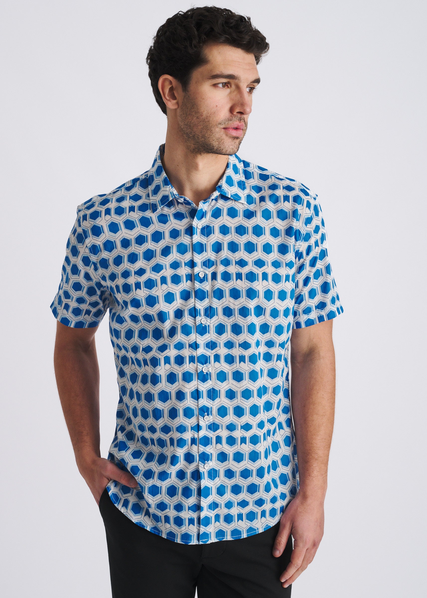 COBALT/SKY HEX PRINTED LIGHTWEIGHT COTTON/TENCEL SHORT SLEEVE WOVEN SHIRT PM-47059