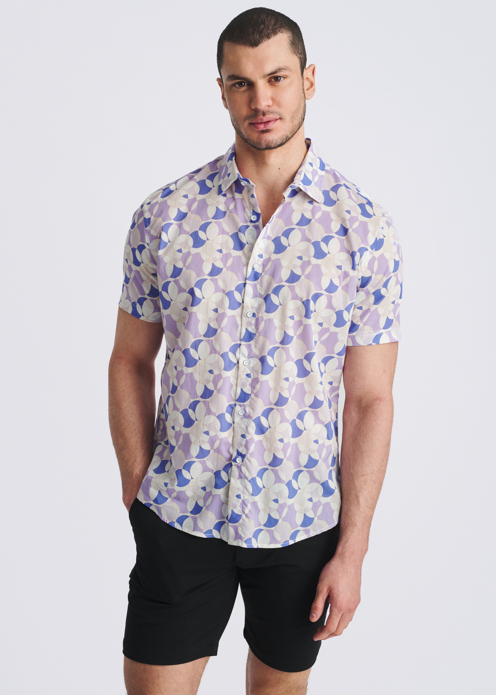 PURPLE/ORCHID CIRCLES PRINTED LIGHTWEIGHT COTTON/TENCEL SHORT SLEEVE WOVEN SHIRT PM-47060