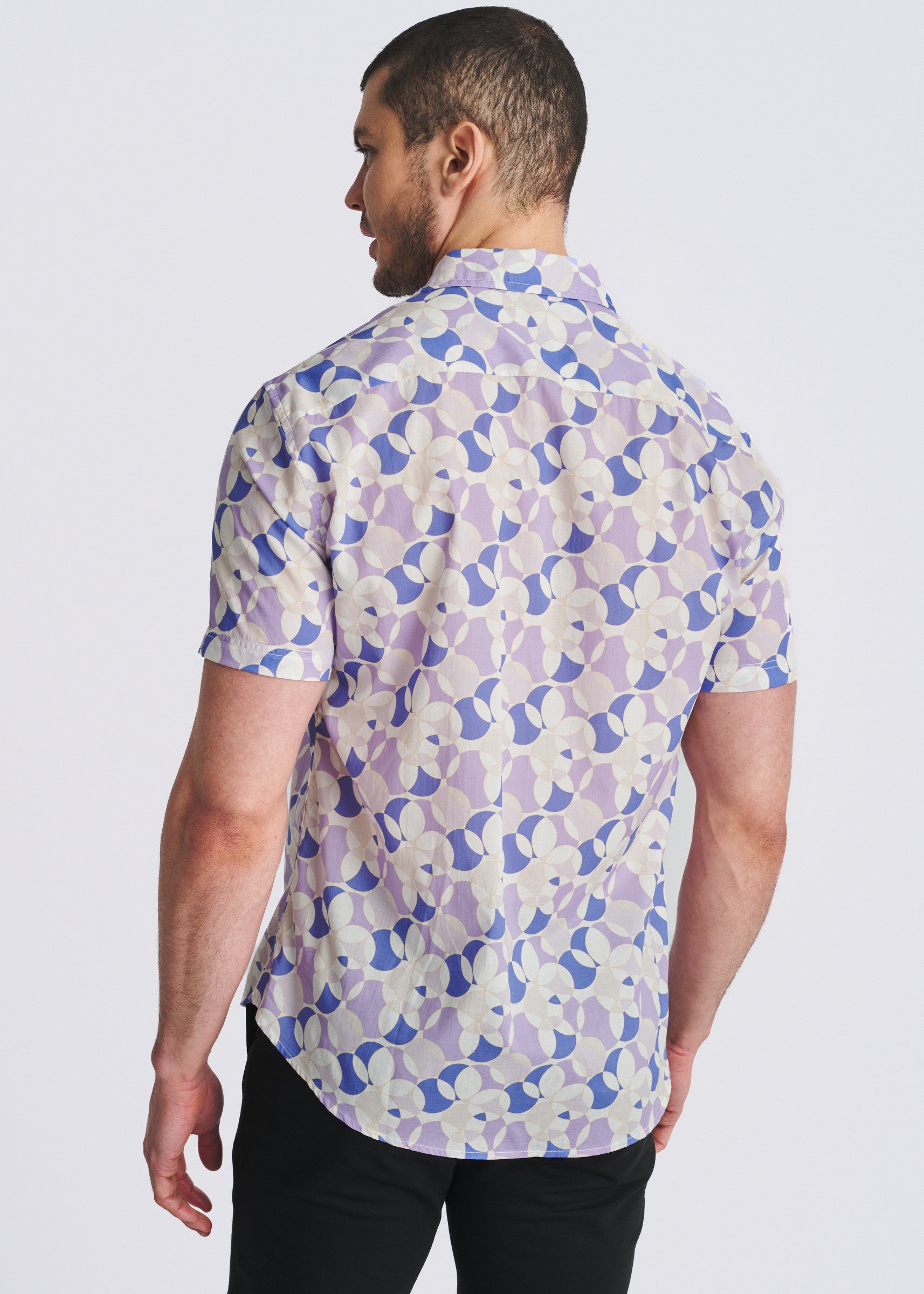 PURPLE/ORCHID CIRCLES PRINTED LIGHTWEIGHT COTTON/TENCEL SHORT SLEEVE WOVEN SHIRT PM-47060
