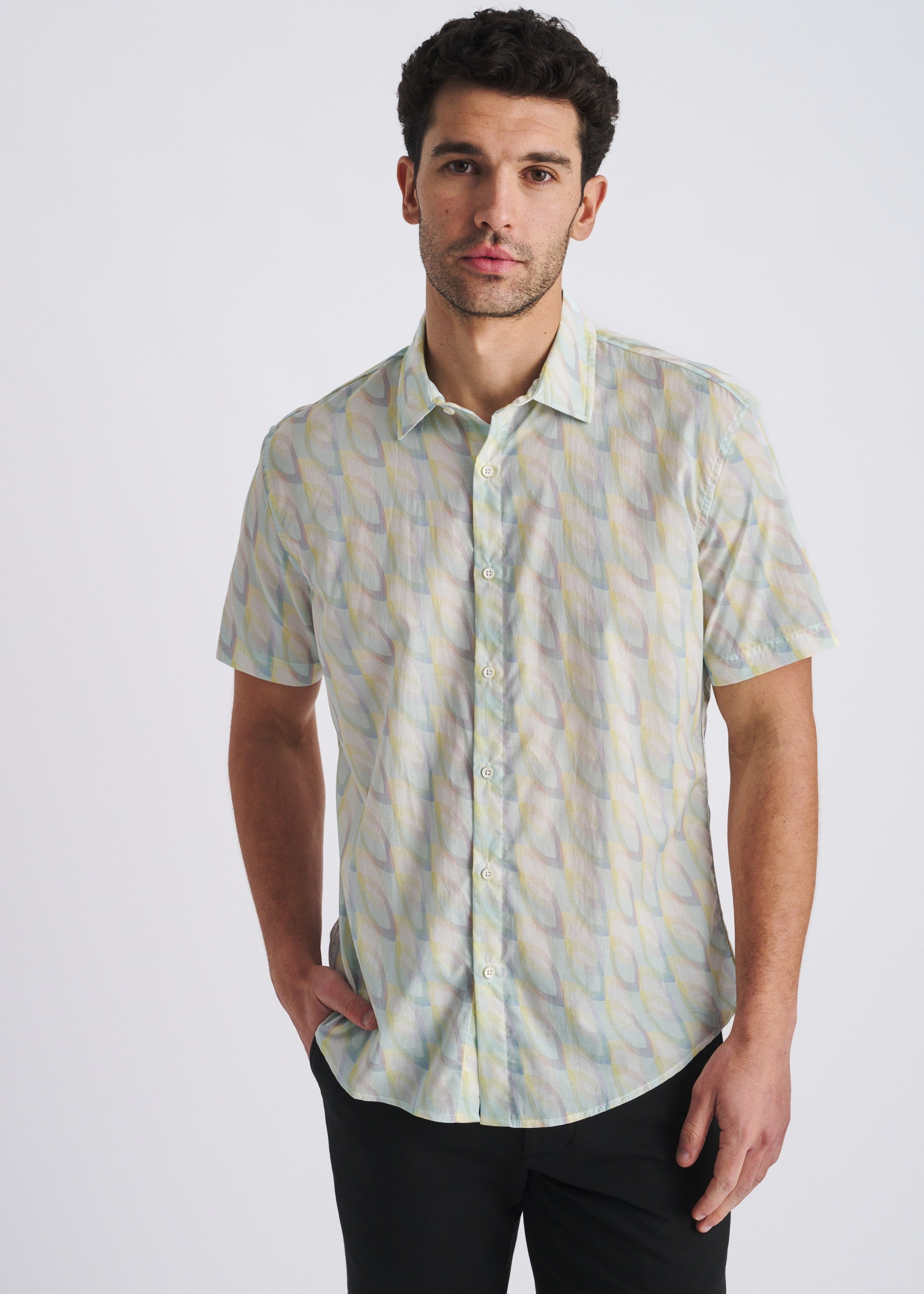 SEAFOAM/YOLK OVALS PRINTED LIGHTWEIGHT COTTON/TENCEL SHORT SLEEVE WOVEN SHIRT PM-47062
