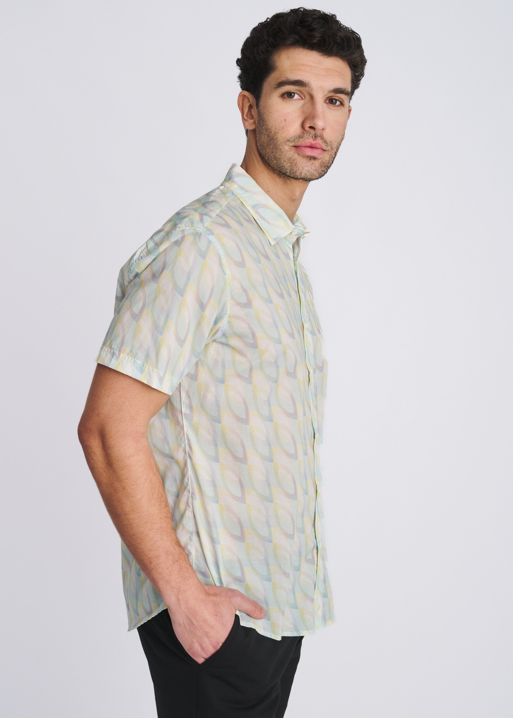 SEAFOAM/YOLK OVALS PRINTED LIGHTWEIGHT COTTON/TENCEL SHORT SLEEVE WOVEN SHIRT PM-47062