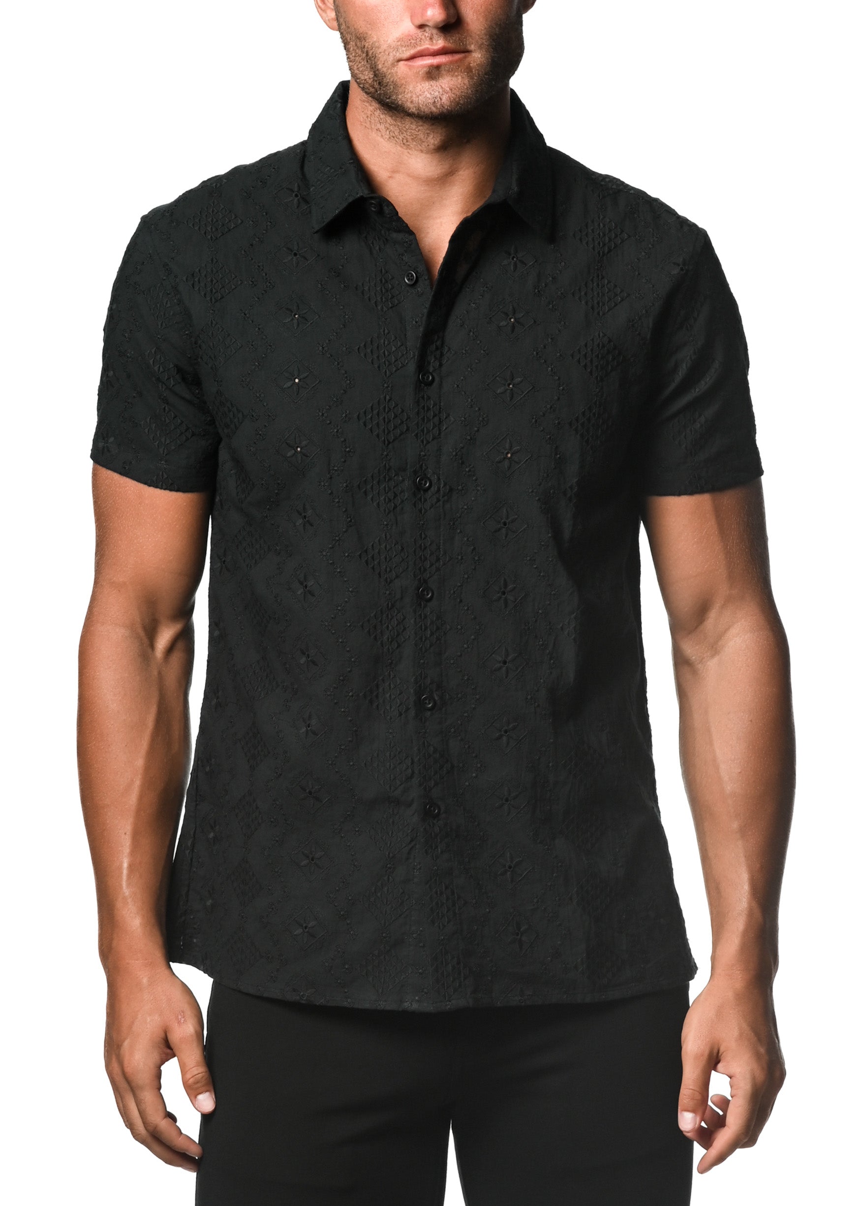 Black COTTON EYELET WOVEN SHORT SLEEVE SHIRT PM-48015 Black / XXL Black COTTON EYELET WOVEN SHORT SLEEVE SHIRT PM-48015 Black / XXL