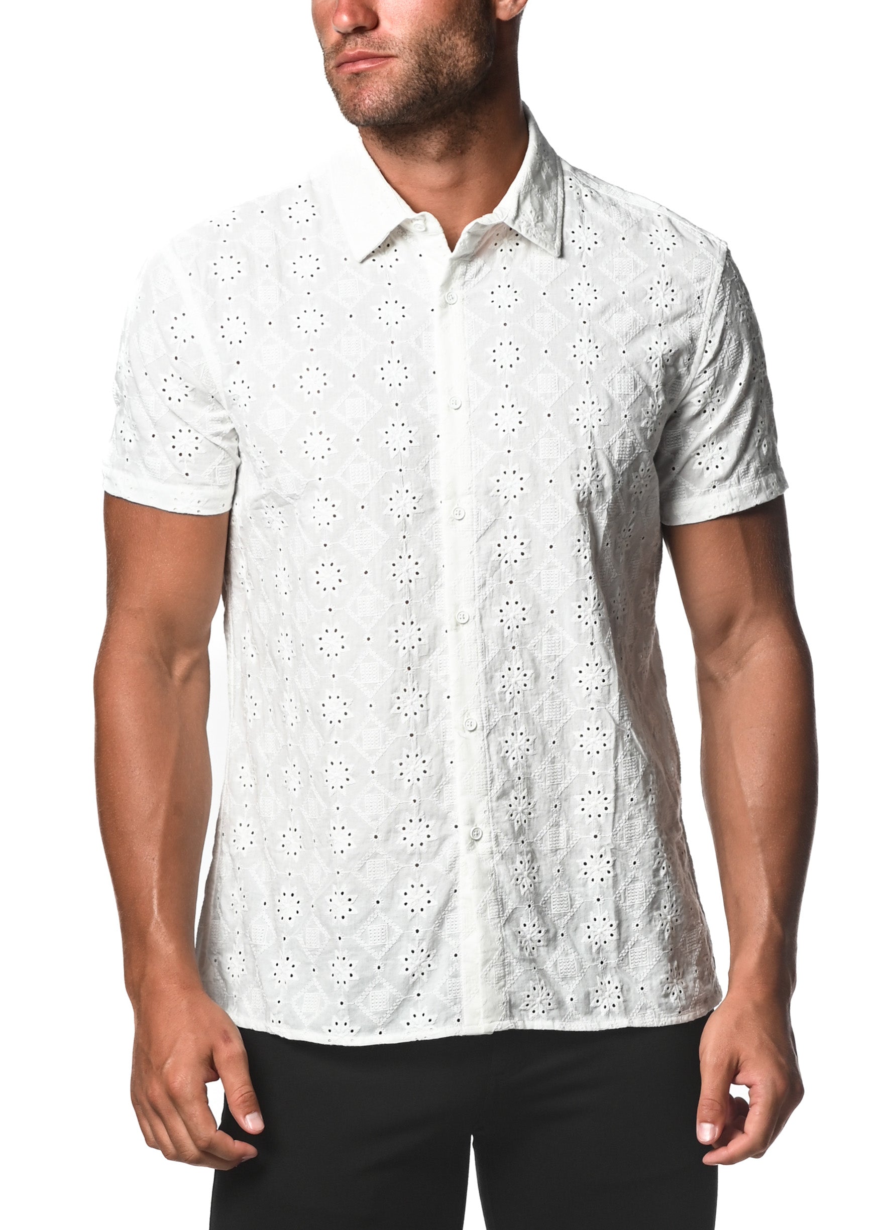 White COTTON EYELET WOVEN SHORT SLEEVE SHIRT PM-48016 White / L White COTTON EYELET WOVEN SHORT SLEEVE SHIRT PM-48016 White / L