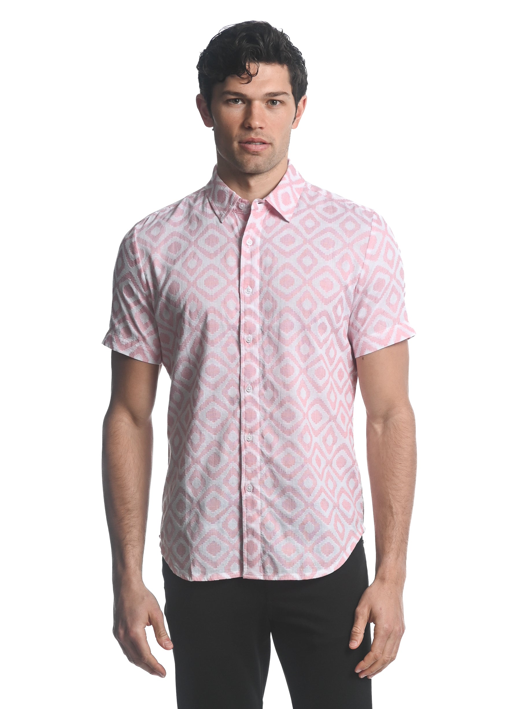 CORAL/ WHITE DIAMONDS COTTON JACQUARD SHORT SLEEVES WOVEN SHIRT PM-48020