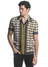 GOLD/ NAVY CLUSTER DOTS PRINTED SHORT SLEEVES WOVEN BORDER SHIRT PM-48036