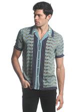 NAVY/ KHAKI CHEVRON PRINTED SHORT SLEEVES WOVEN BORDER SHIRT PM-48037