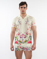 CREAM/MULTI FLORAL PRINTED SHORT SLEEVES WOVEN MODAL BORDER SHIRT PM-49016