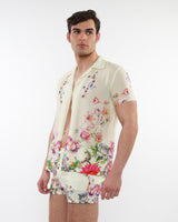 CREAM/MULTI FLORAL PRINTED SHORT SLEEVES WOVEN MODAL BORDER SHIRT PM-49016