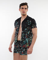 MIDNIGHT/TEAL FLORAL PRINTED SHORT SLEEVES WOVEN MODAL BORDER SHIRT PM-49018