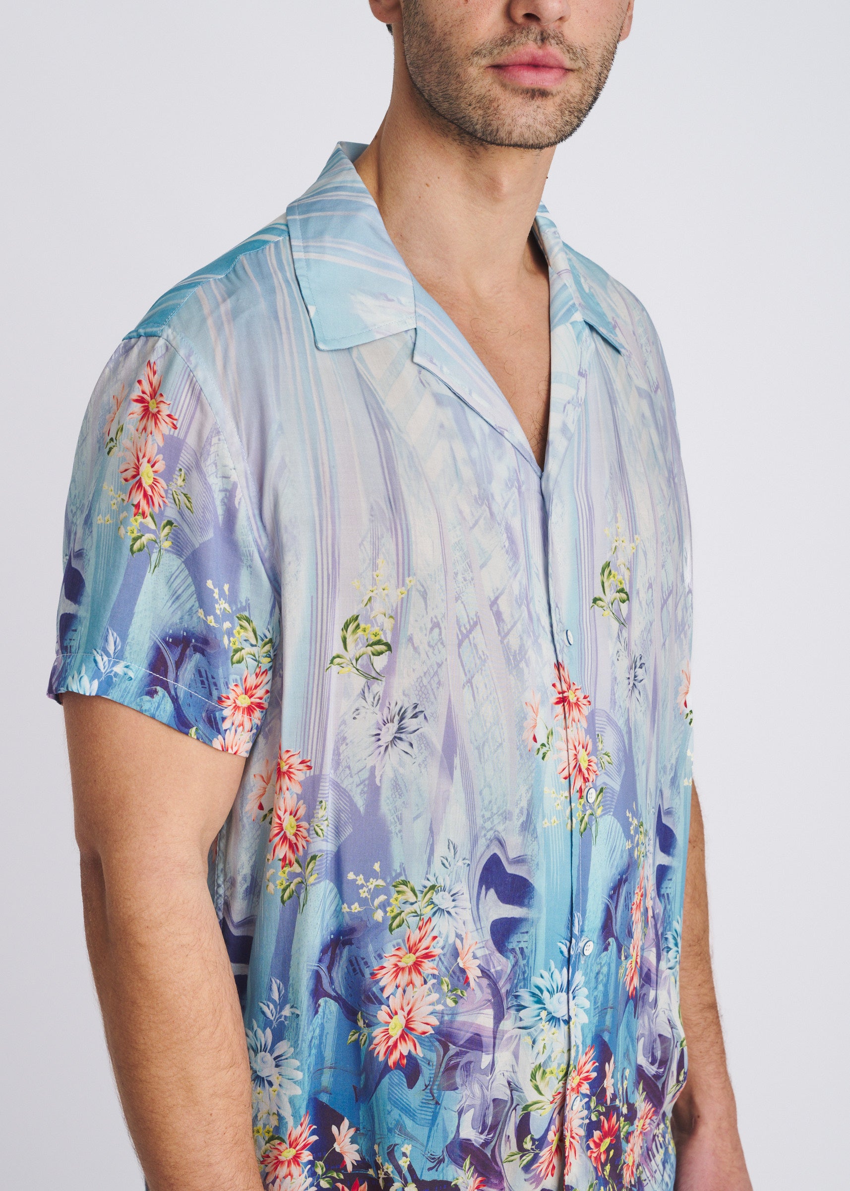 COBALT/TURQUOISE FLORAL PRINTED SHORT SLEEVE WOVEN MODAL BORDER SHIRT PM-49032