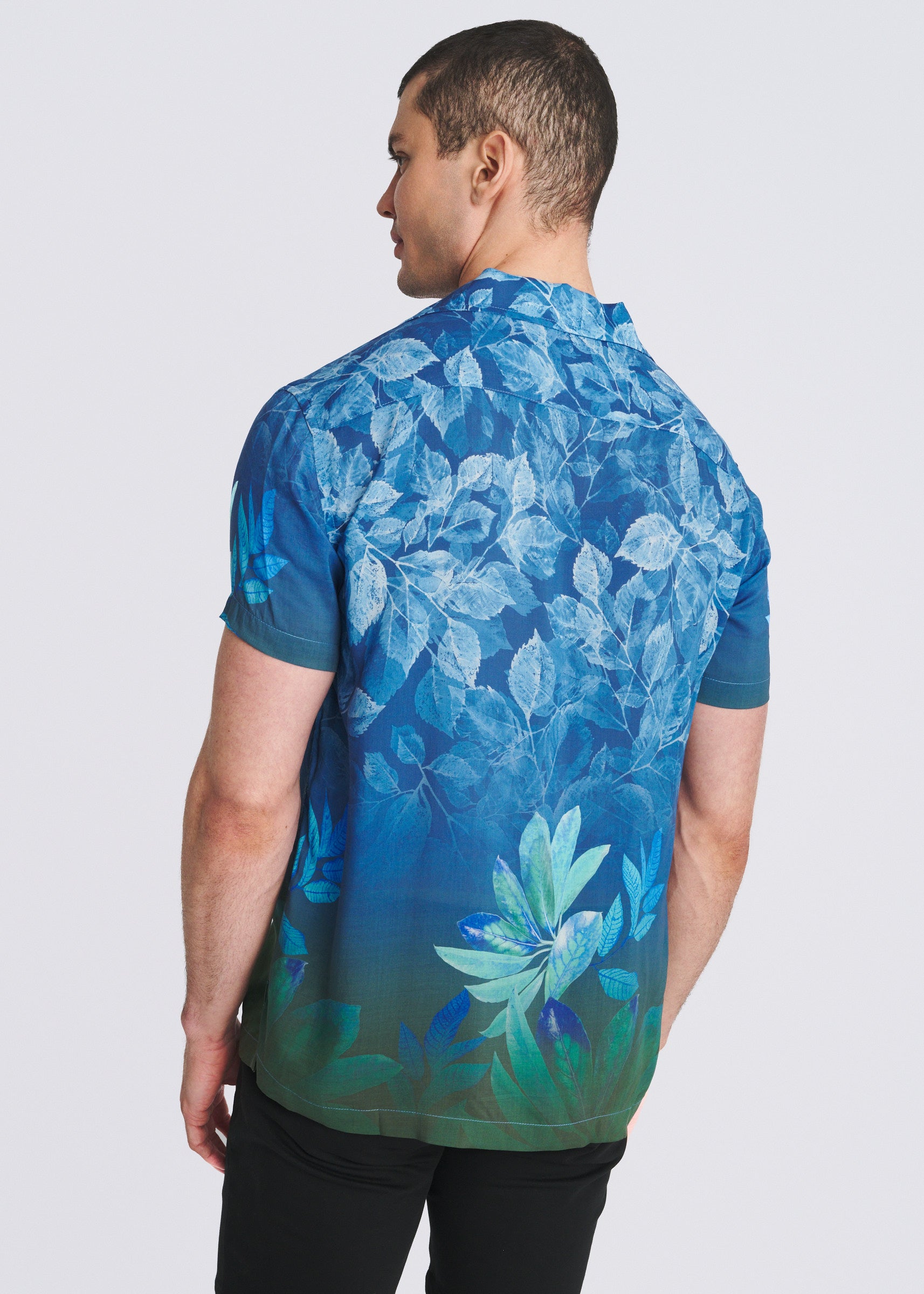 PEACOAT/FOREST LEAVES PRINTED SHORT SLEEVE WOVEN MODAL BORDER SHIRT PM-49033