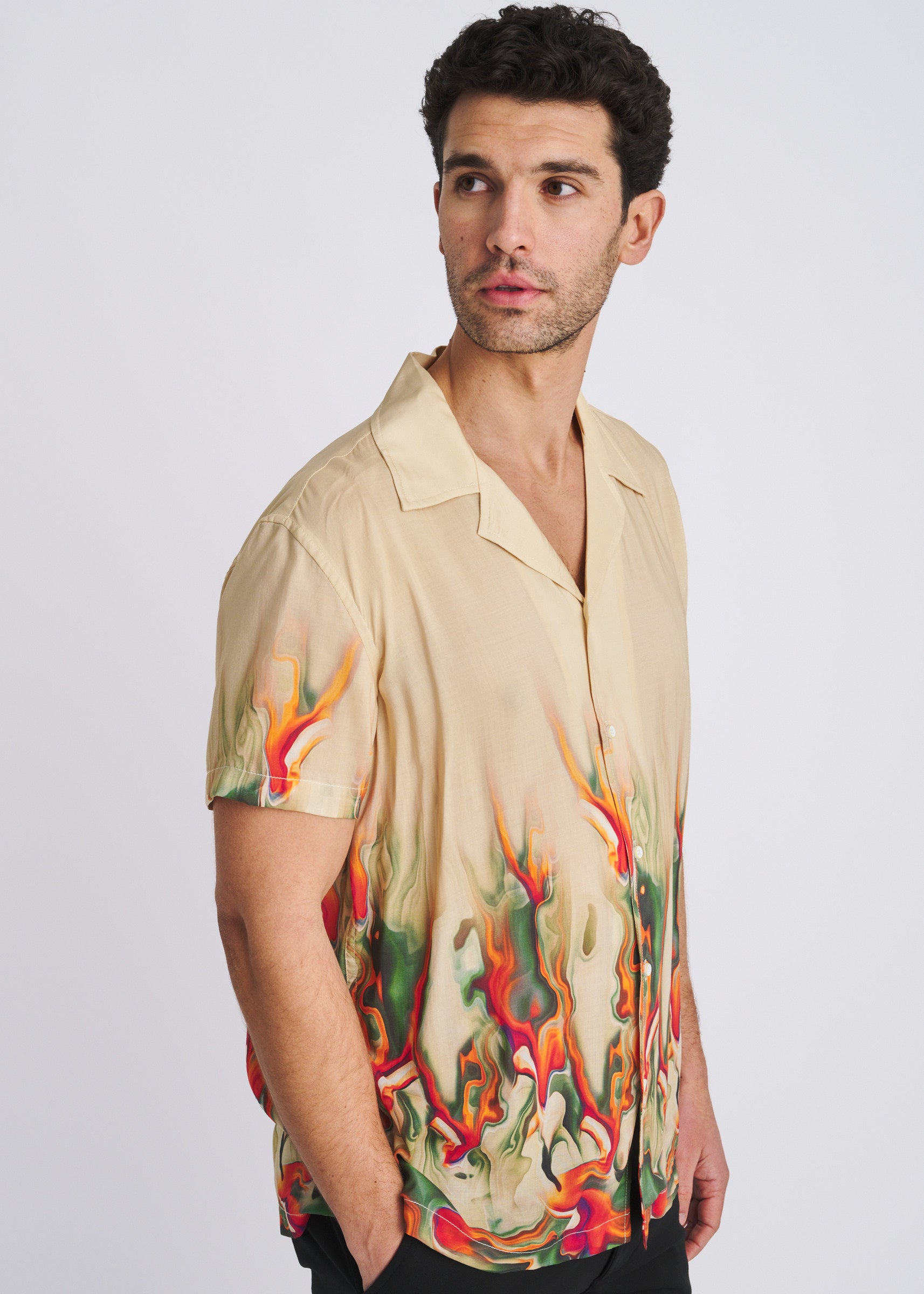 CUSTARD/SPICE LAVA PRINTED SHORT SLEEVE WOVEN MODAL BORDER SHIRT PM-49034