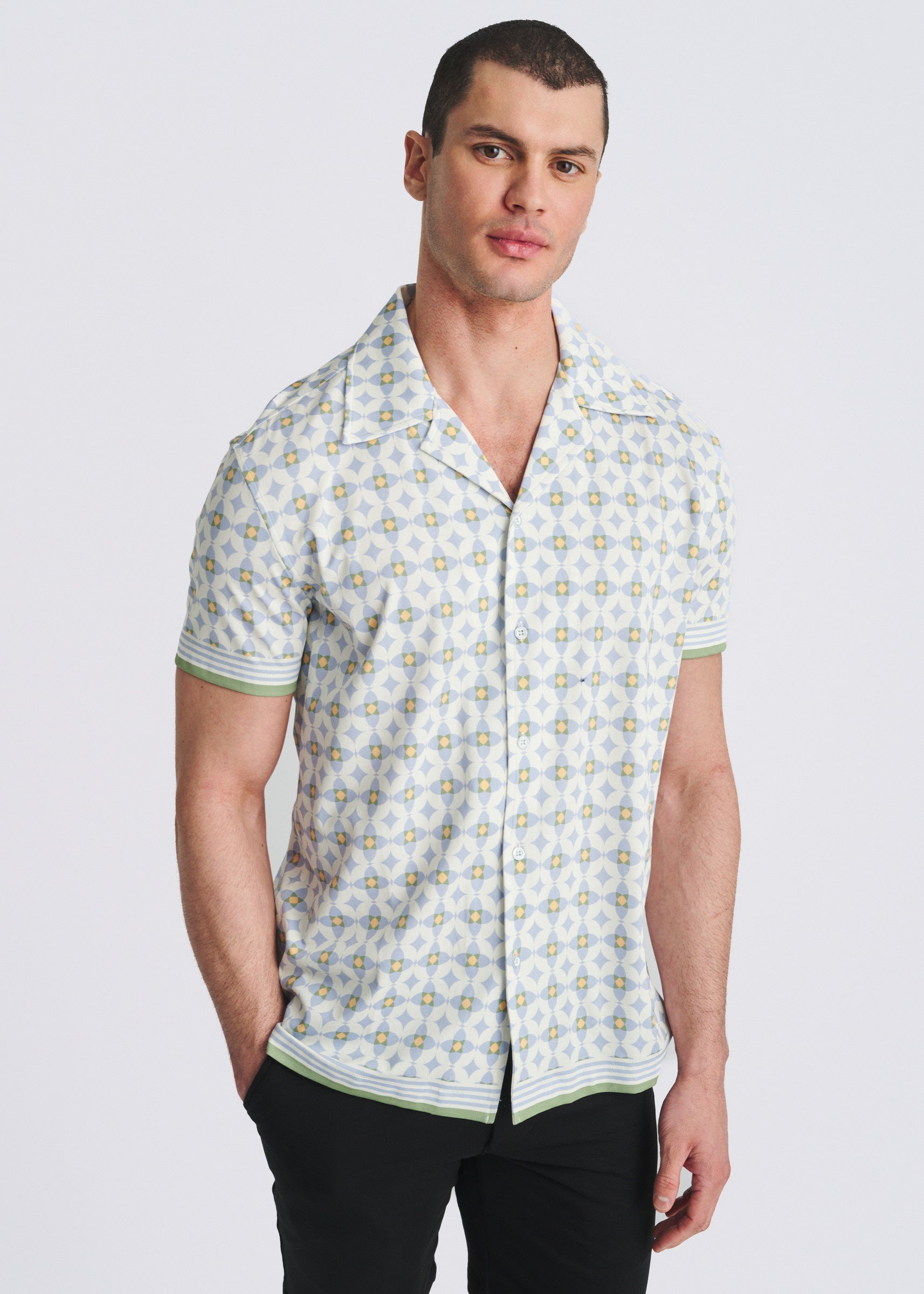 SLATE/LATTE FLORAL PRINTED SHORT SLEEVE WOVEN MODAL BORDER SHIRT PM-49039