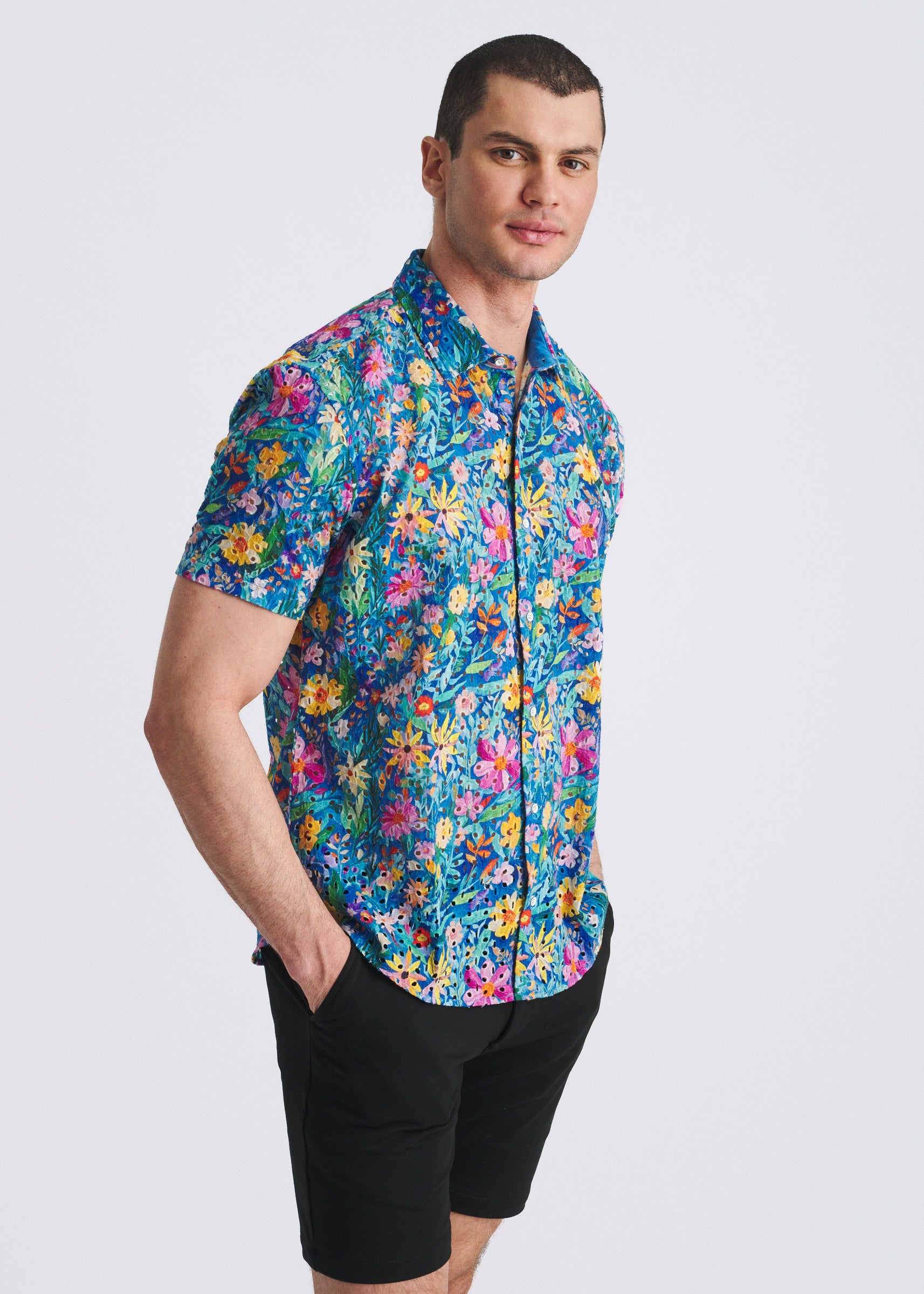 COBALT/MULTI FLORAL PRINTED EYELET SHORT SLEEVE WOVEN SHIRT PM-51010