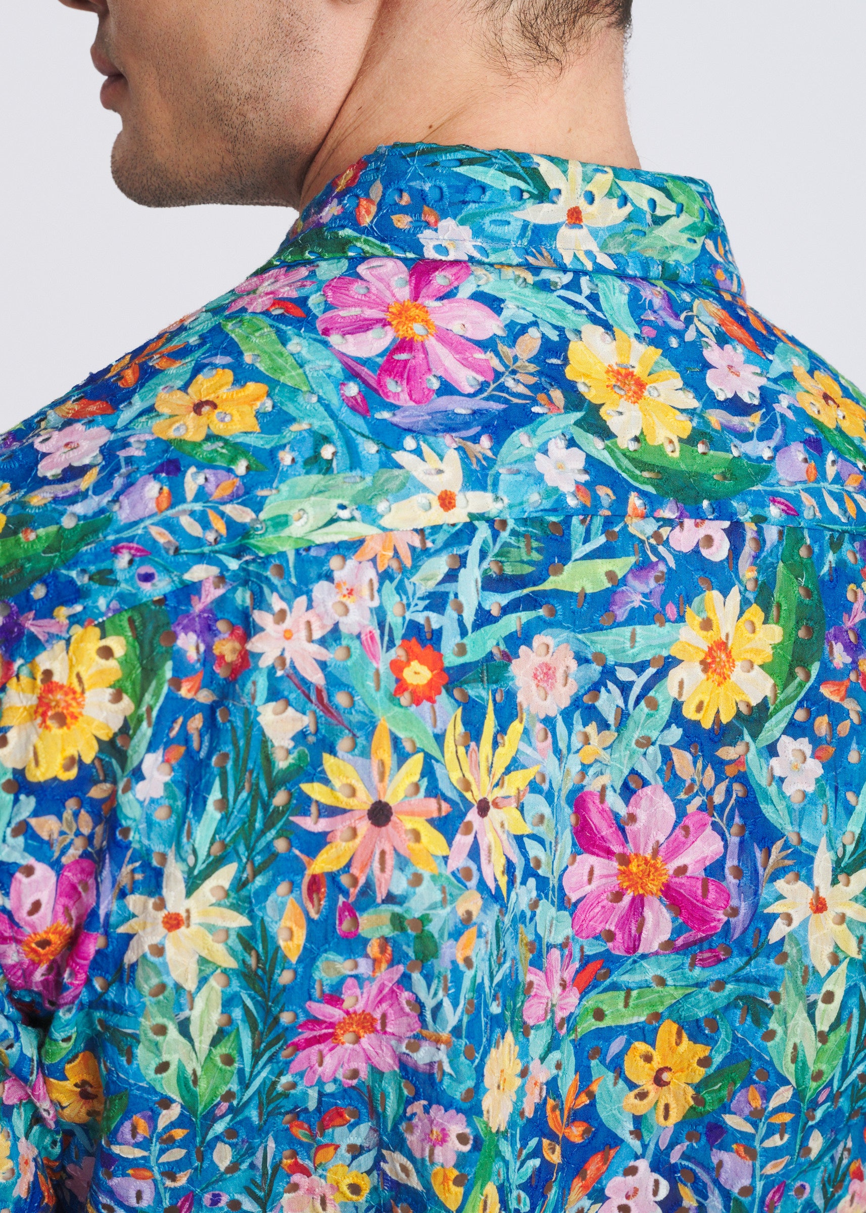 COBALT/MULTI FLORAL PRINTED EYELET SHORT SLEEVE WOVEN SHIRT PM-51010