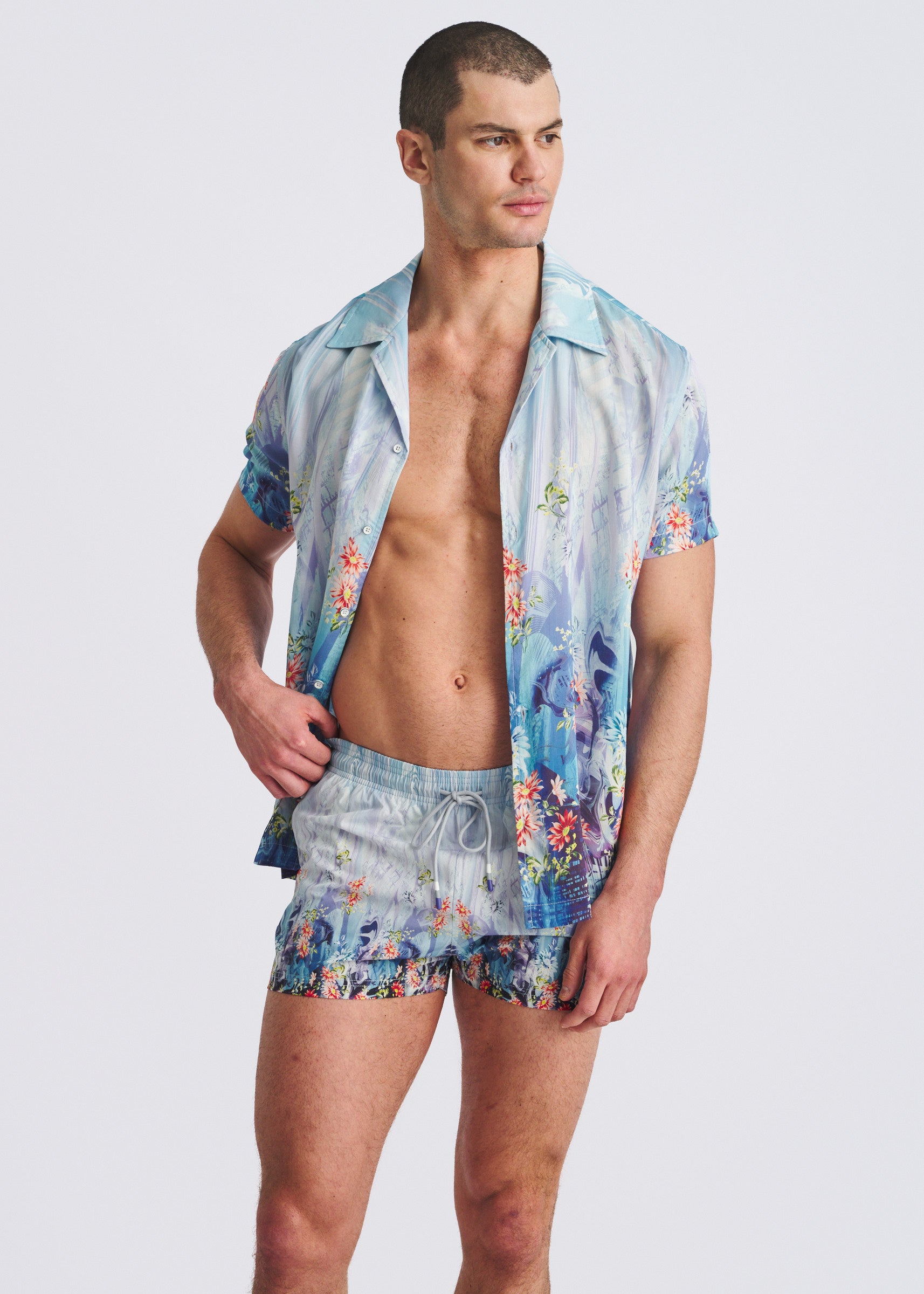 COBALT/TURQUOISE FLORAL 2.5"INSEAM PRINTED SWIM SHORTS W/MESH LINING PM-6002-70