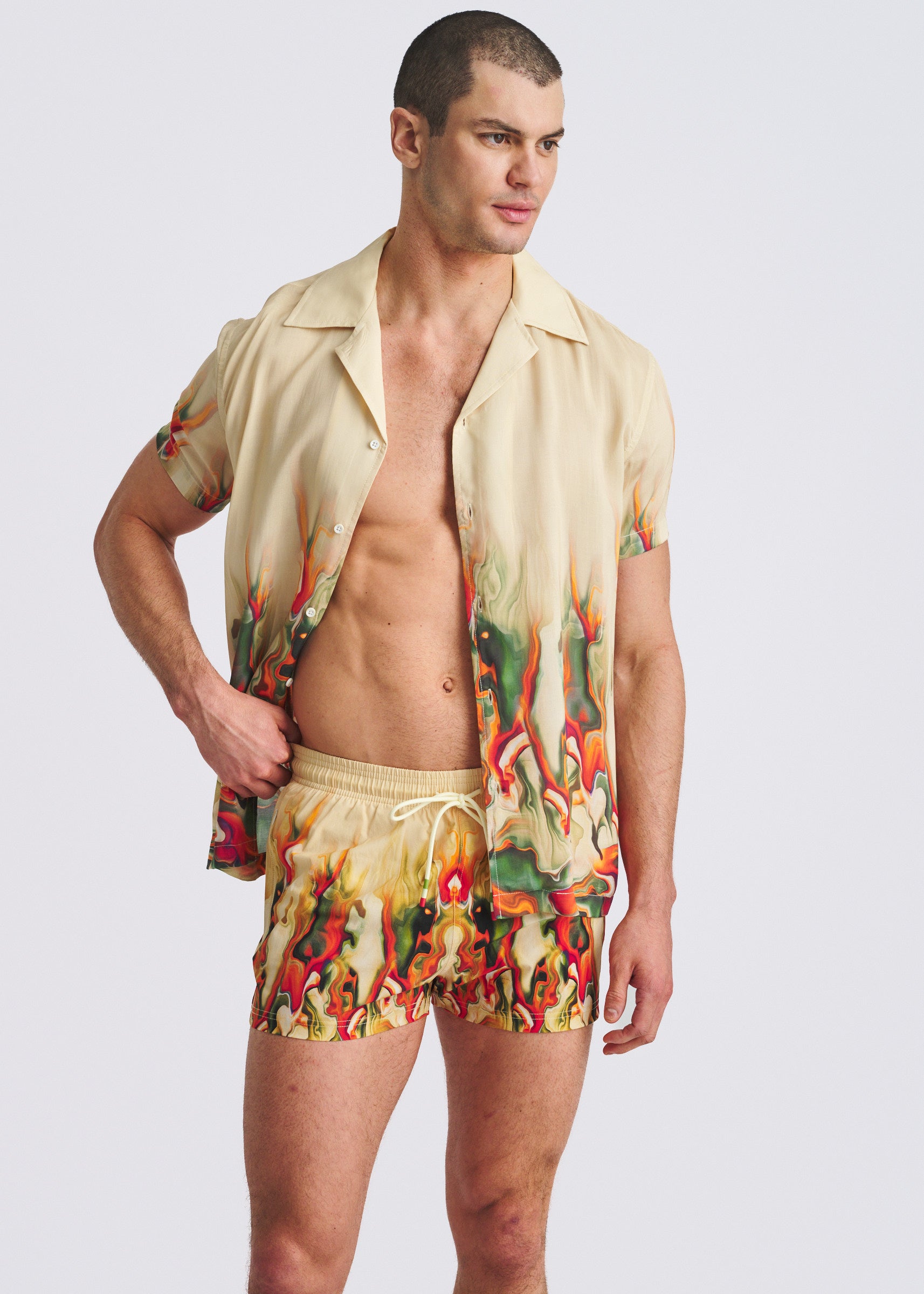 CUSTARD/SPICE LAVA 2.5"INSEAM PRINTED SWIM SHORTS W/MESH LINING PM-6002-72