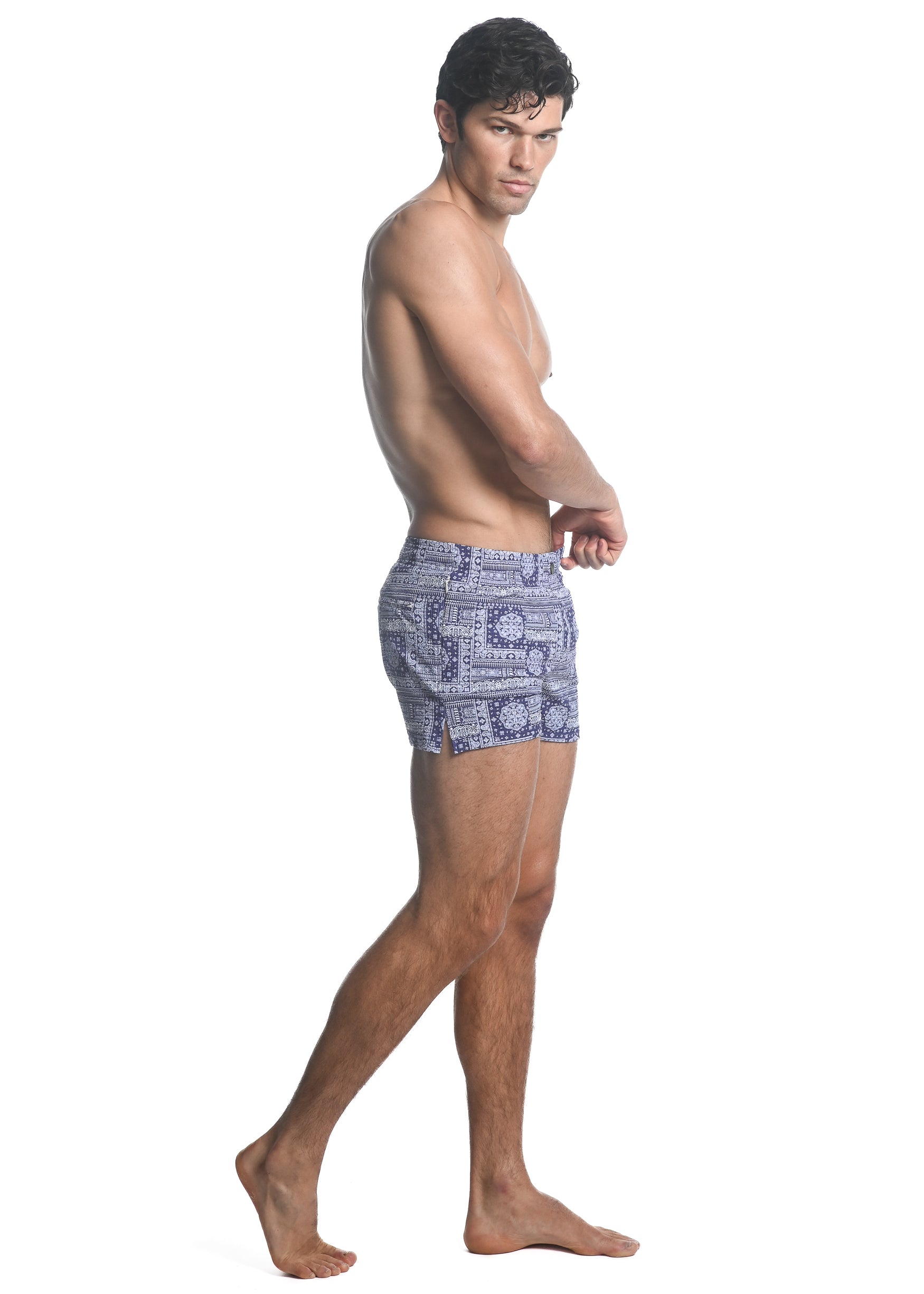 NAVY/ WHITE PATCHWORK PRINTED SWIM SHORTS W/ MESH LINING PM-6018-31