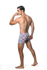 BLUE/GOLD FLORAL TILES PRINTED SEERSUCKER SWIM SHORT W/ LINER PM-6018-35