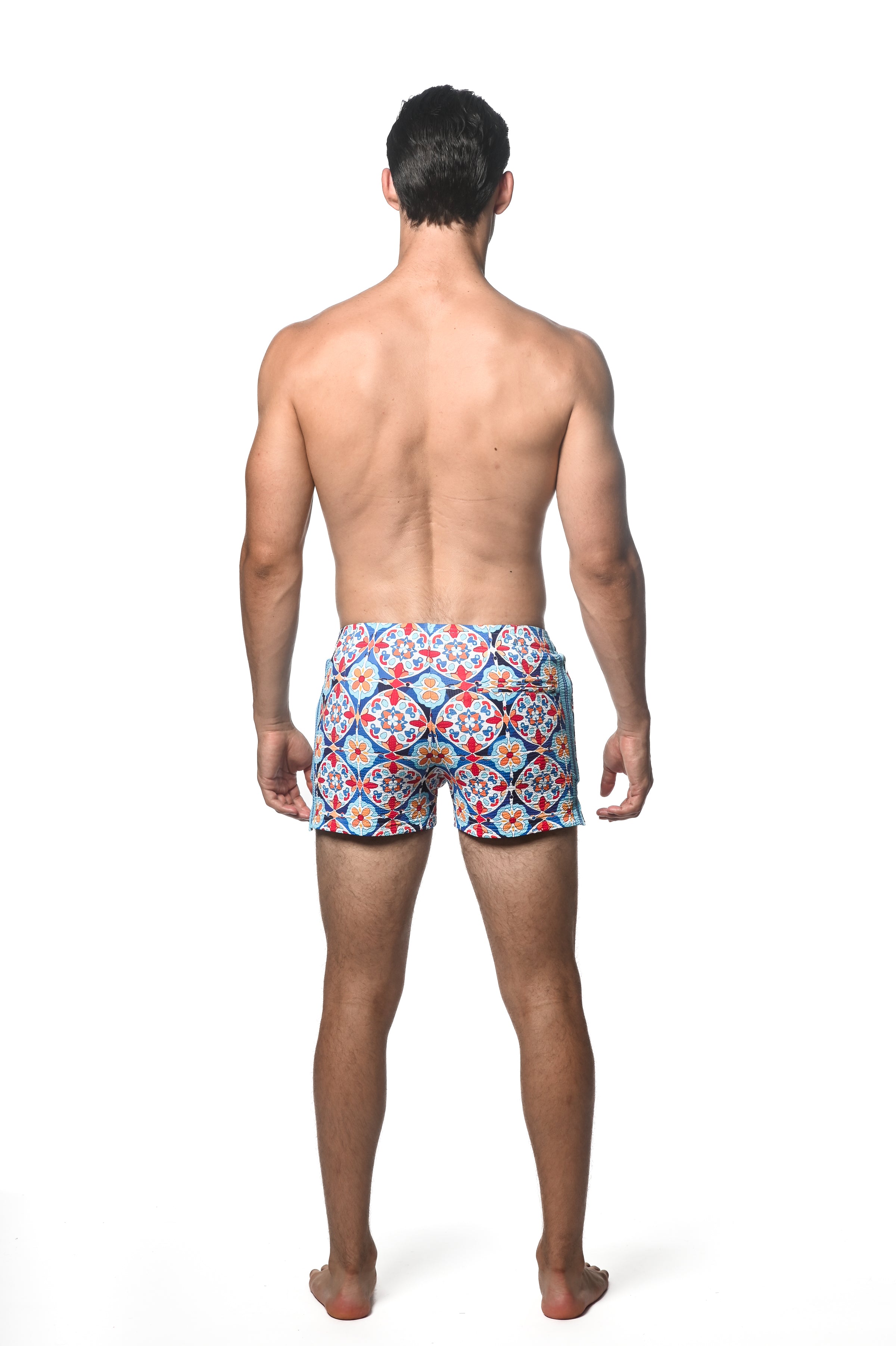 BLUE/GOLD FLORAL TILES PRINTED SEERSUCKER SWIM SHORT W/ LINER PM-6018-35
