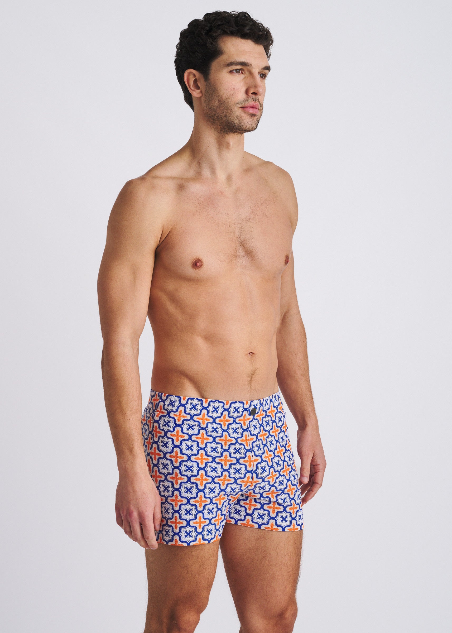 NAVY/ORANGE TILES SEERSUCKER PRINTED SWIM SHORTS W/MESH LINING PM-6018-56