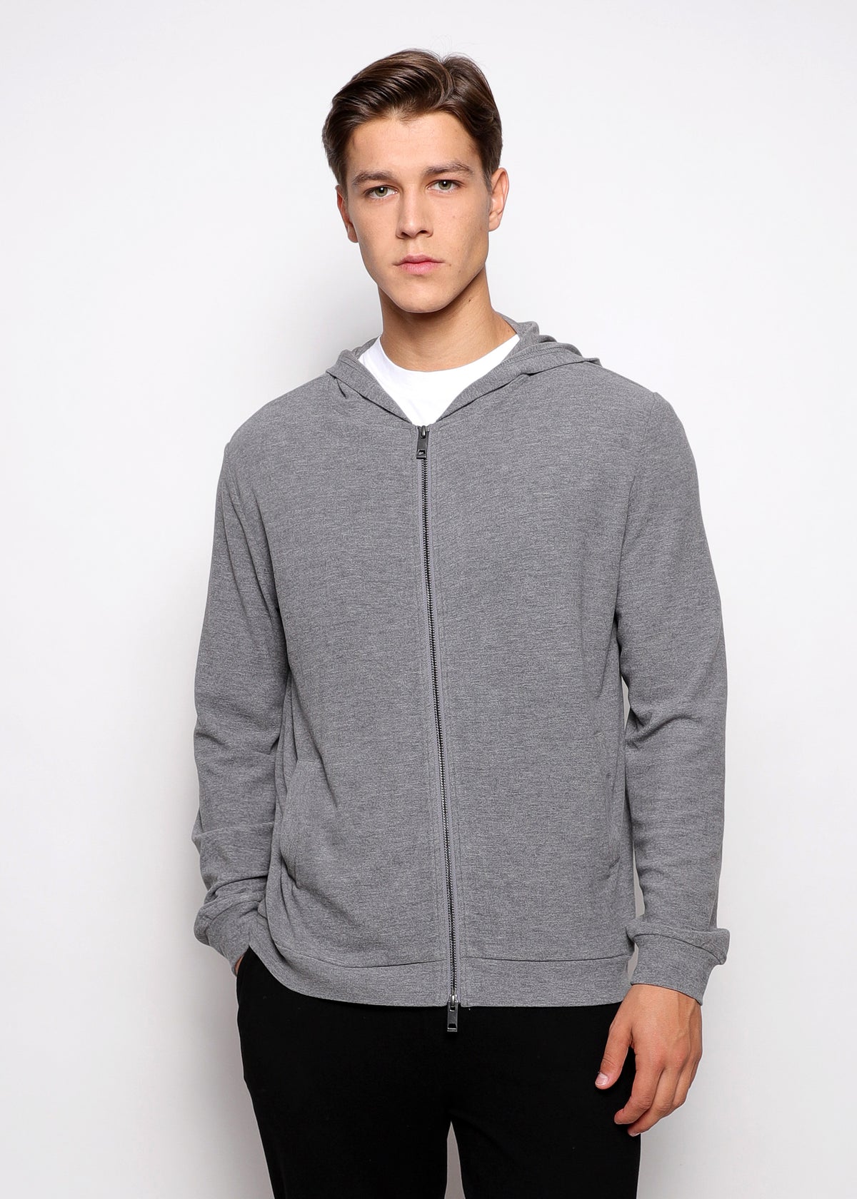 Charcoal Stretch Knit Zip-Up Hoodie