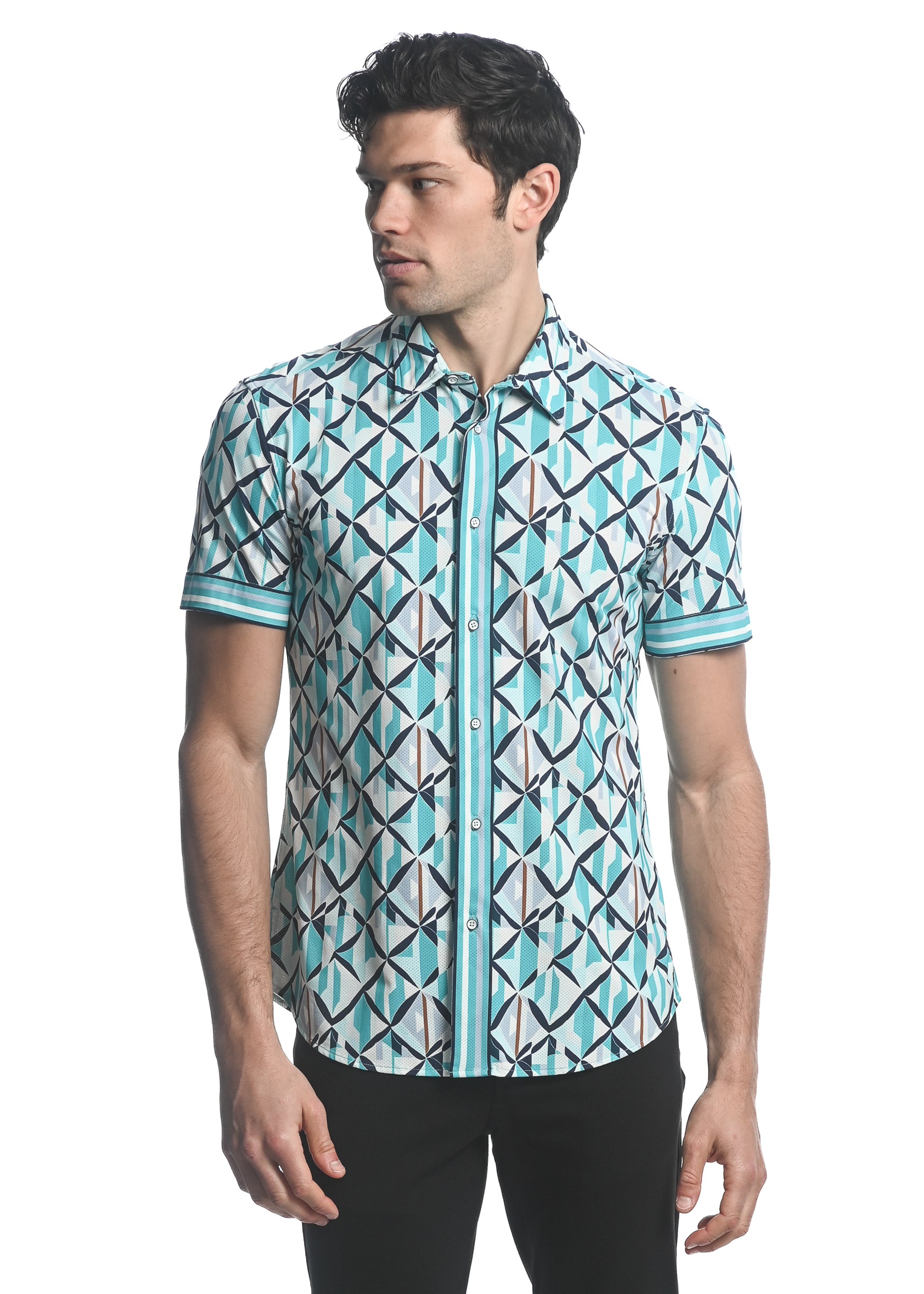 TEAL/ NAVY X-MOSAIC PRINTED PERFORMANCE SHORT SLEEVES STRETCH SHIRT PM-47066