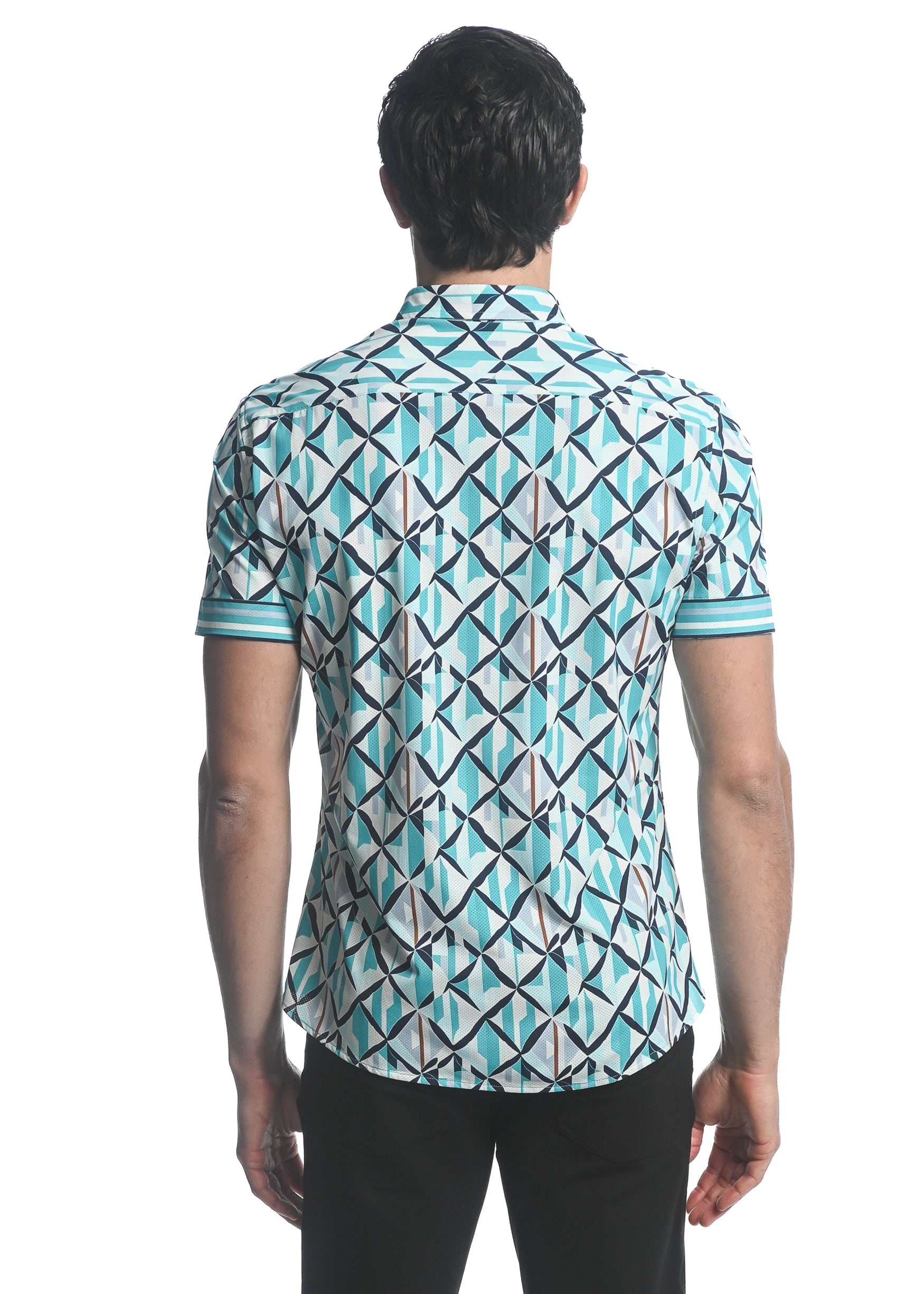 TEAL/ NAVY X-MOSAIC PRINTED PERFORMANCE SHORT SLEEVES STRETCH SHIRT PM-47066