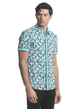 TEAL/ NAVY  X-MOSAIC PRINTED PERFORMANCE SHORT SLEEVES STRETCH SHIRT PM-47066