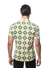 TEAL/ CITRUS FLORAL TILES PRINTED PERFORMANCE SHORT SLEEVES STRETCH SHIRT PM-76078