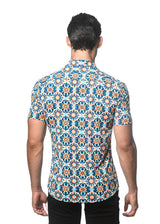 COBALT/ SUNRISE FLORAL TILES PRINTED PERFORMANCE SHORT SLEEVES STRETCH SHIRT PM-76079