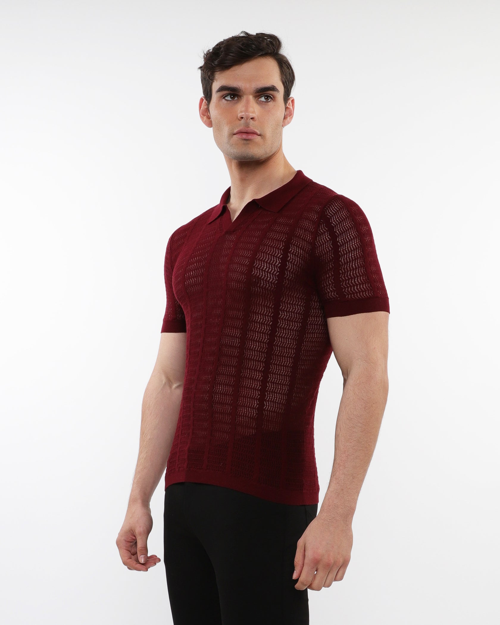 MAROON OPEN COLLAR TEXTURED MESH KNIT COTTON POLO PM-16234