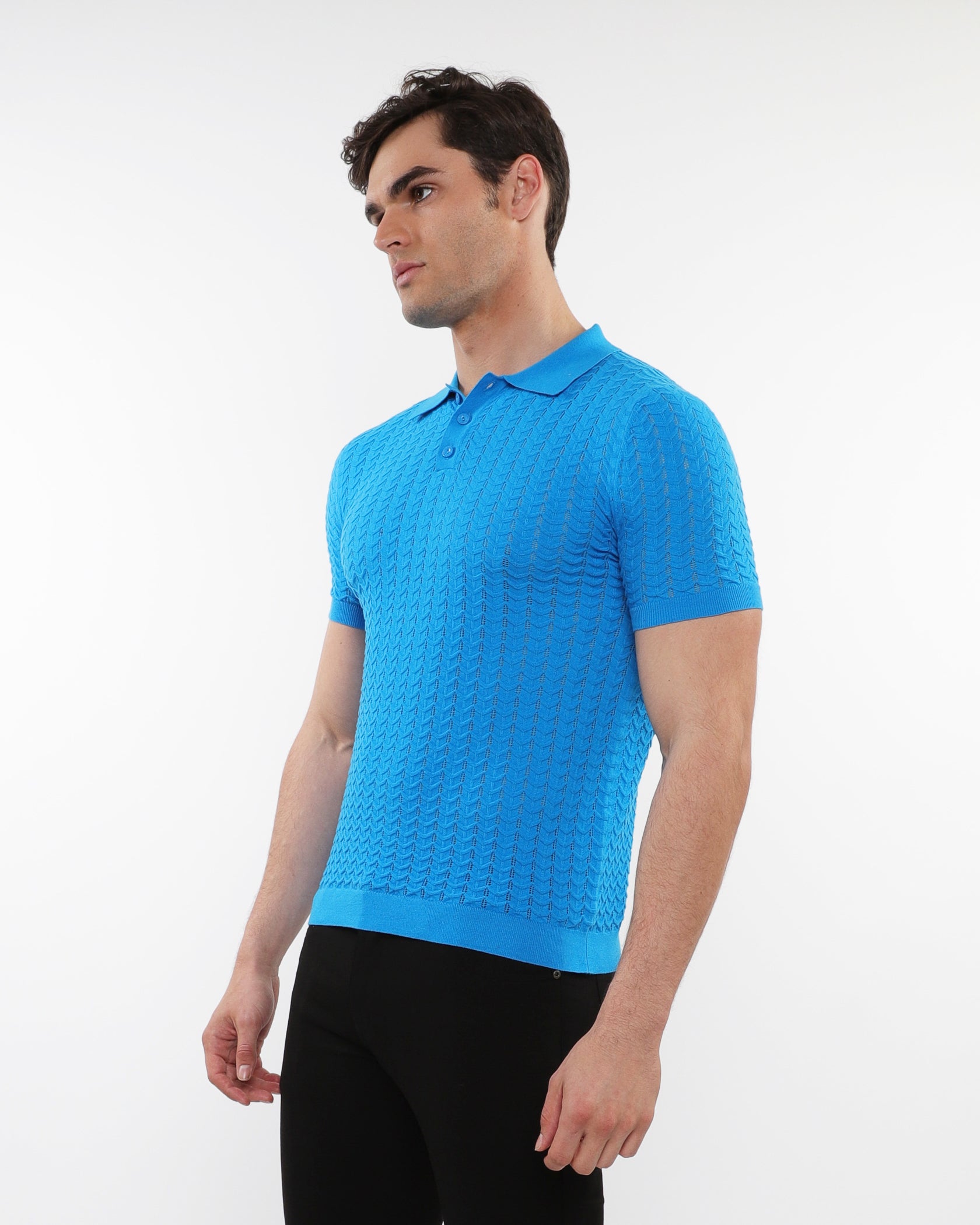 AZURE TEXTURED CHEVRON 3-BUTTON COTTON KNITTED POLO PM-16236