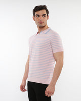 PINK/SMOKE OPEN COLLAR TEXTURED STRIPE SILK TENCEL KNIT POLO PM-16314