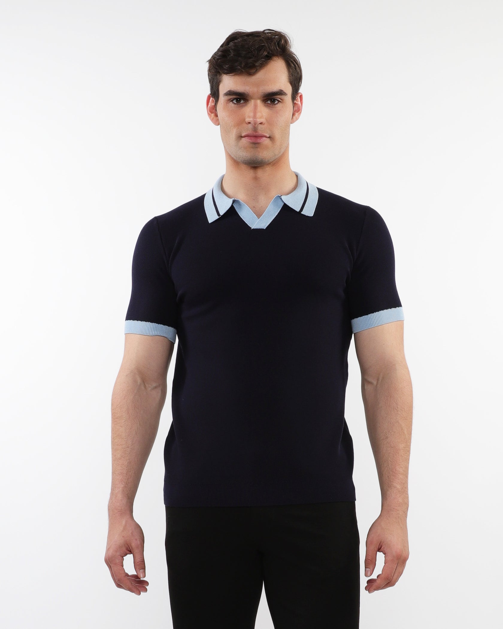 NAVY/SMOKE OPEN COLLAR TEXTURED SILK TENCEL KNIT POLO WITH