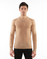 CARAMEL/OAT CONTRAST V-NECK LIGHTWEIGHT FINE KNIT WOOL SWEATER PM-16407