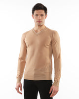 CARAMEL/OAT CONTRAST V-NECK LIGHTWEIGHT FINE KNIT WOOL SWEATER PM-16407