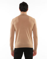 CARAMEL/OAT CONTRAST V-NECK LIGHTWEIGHT FINE KNIT WOOL SWEATER PM-16407