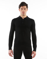 BLACK 3-BUTTON LIGHTWEIGHT FINE KNIT WOOL POLO SWEATER PM-16412