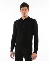 BLACK 3-BUTTON LIGHTWEIGHT FINE KNIT WOOL POLO SWEATER PM-16412