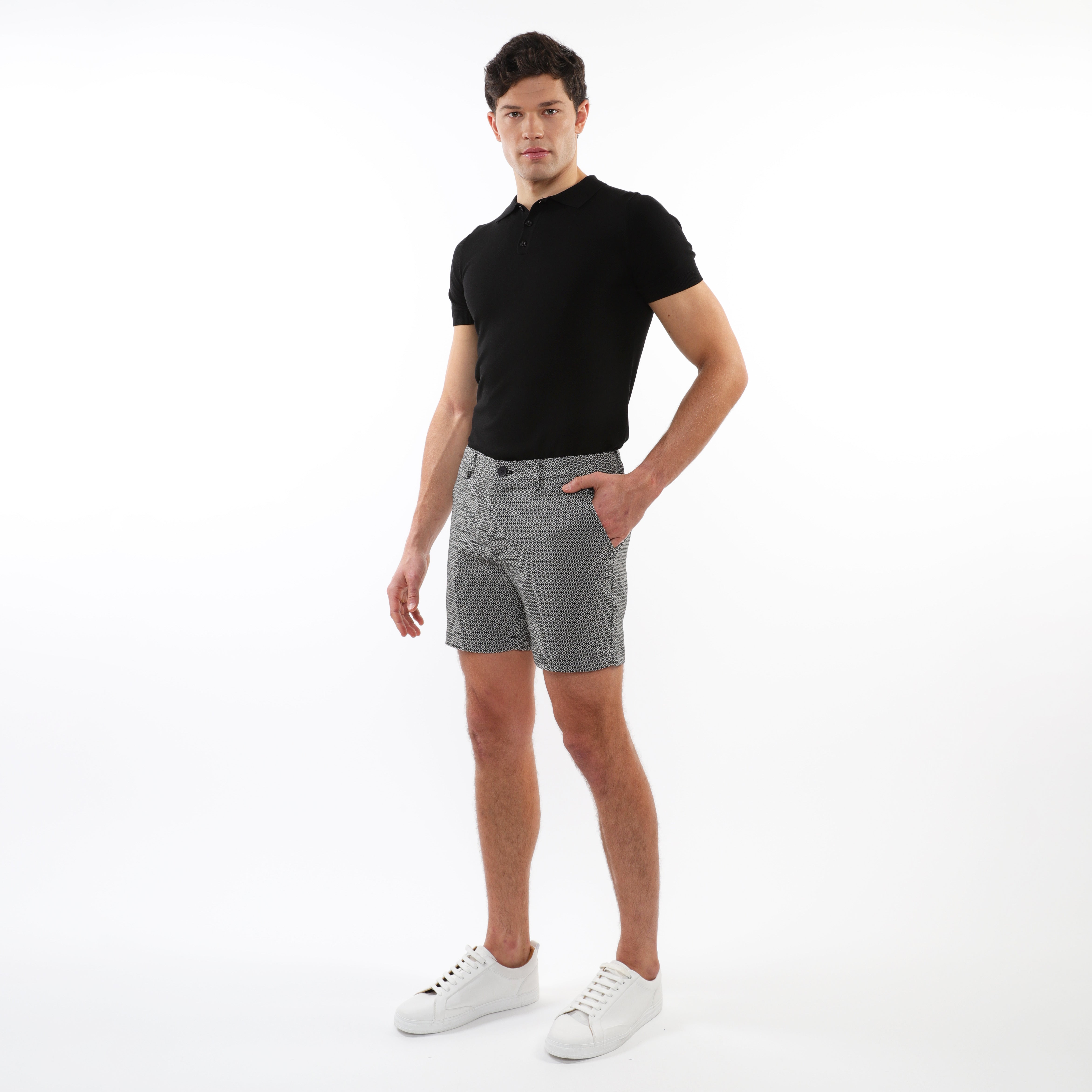 BLACK/WHITE HONEYCOMB 6" INSEAM TEXTURED JACQUARD STRETCH CHINO SHORTS PM-2535-03