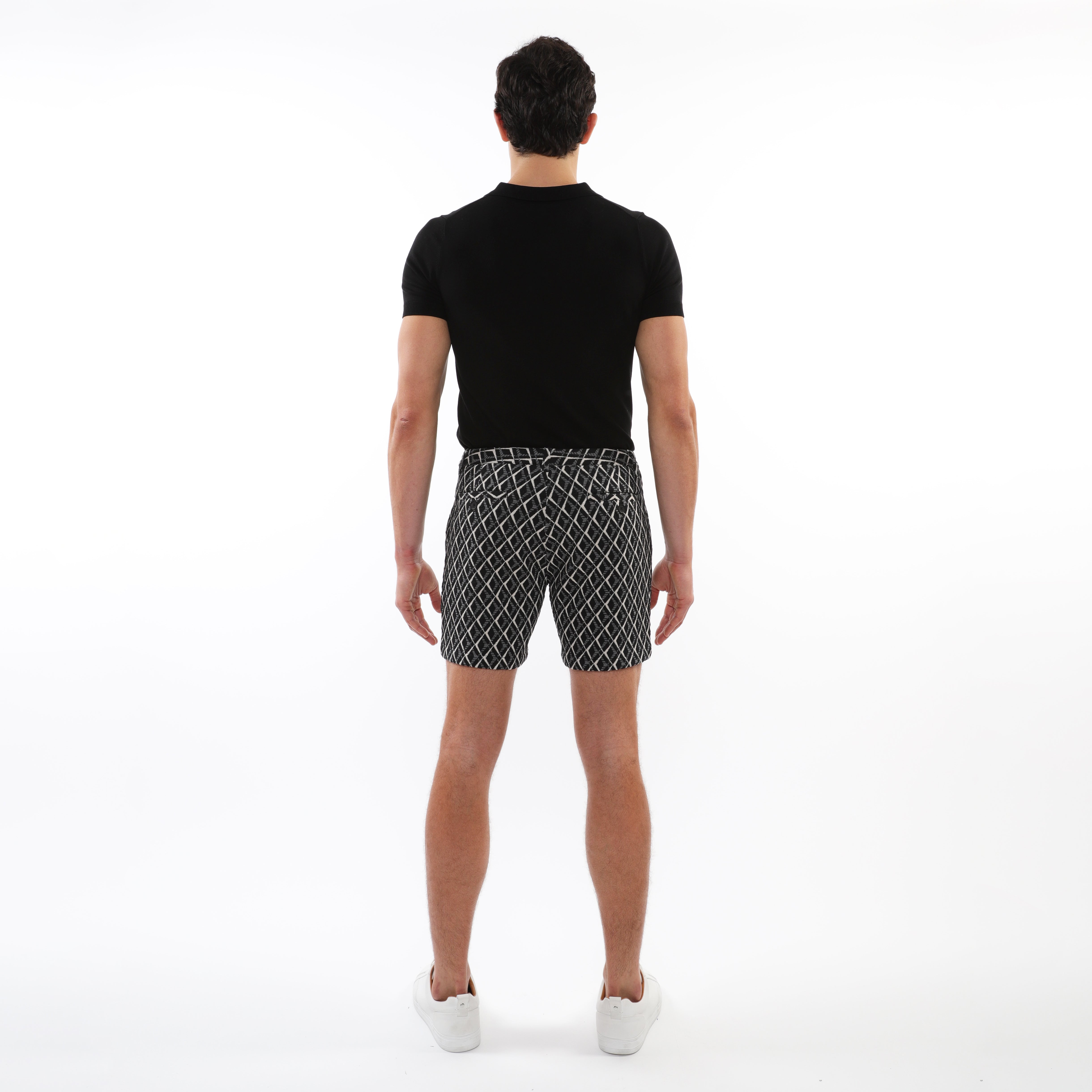 BLACK/WHITE CROSSHATCH 6" INSEAM TEXTURED JACQUARD STRETCH CHINO SHORTS PM-2538