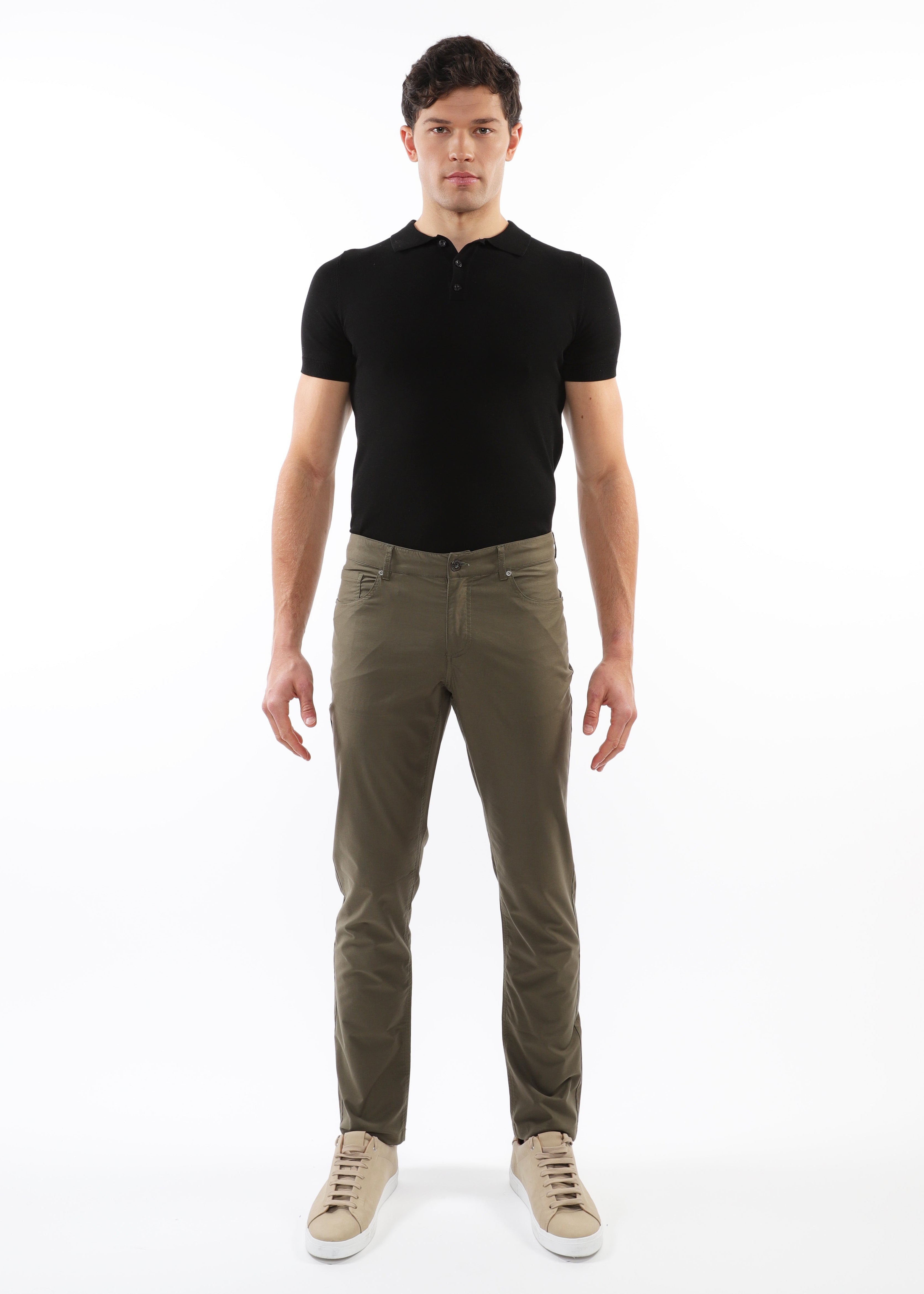 COMBAT GREEN LIGHTWEIGHT WASHED TEXTURED STRETCH WOVEN 5-POCKET JEANS PM-3049