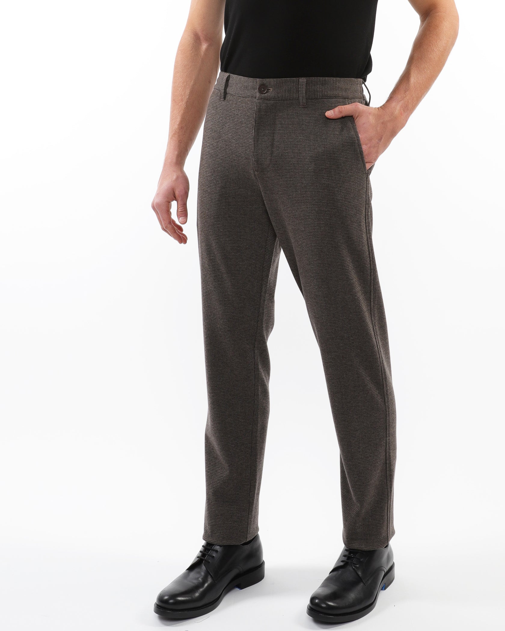 ESPRESSO MICRO CHECK WOOL-LOOK STRETCH KNIT PANTS W/ BACK ELASTIC WAISTBAND PM-3050-02