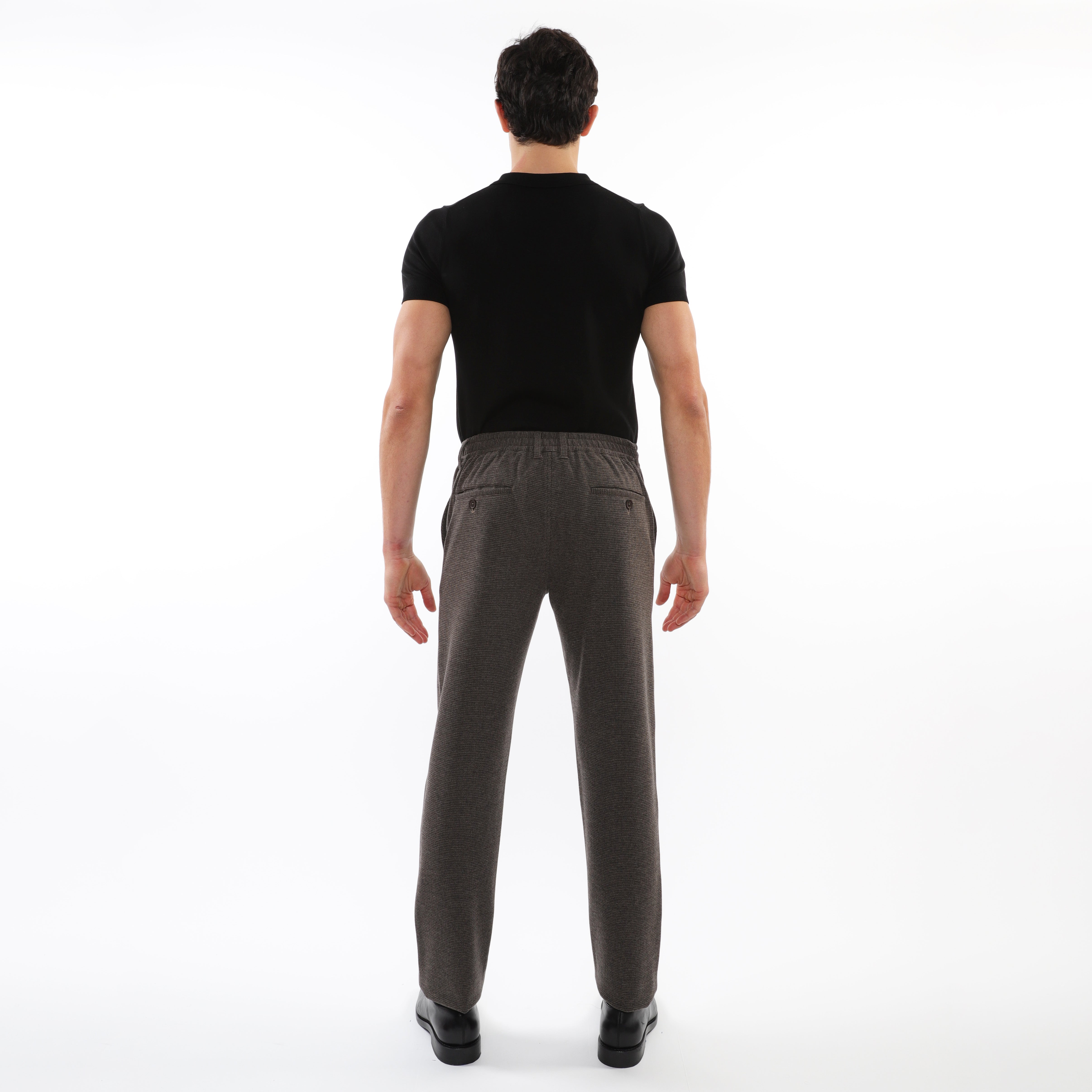 ESPRESSO MICRO CHECK WOOL-LOOK STRETCH KNIT PANTS W/ BACK ELASTIC WAISTBAND PM-3050-02