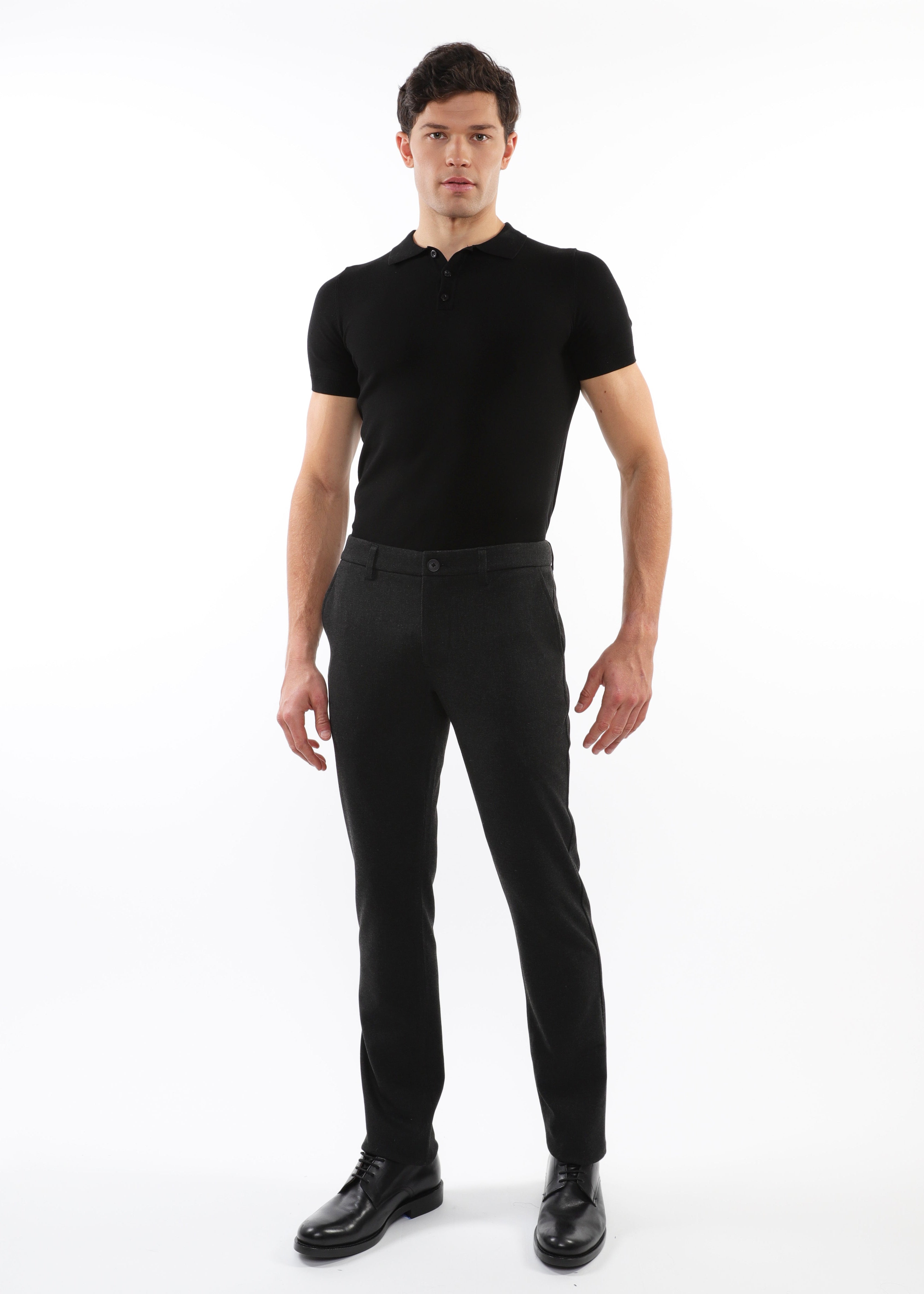 BLACK HERRINGBONE WOOL-LOOK STRETCH KNIT TAILORED PANTS PM-3303-61